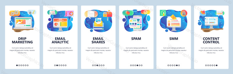 Mobile app onboarding screens. Digital and Social Media marketing, email spam, content analytics. Menu vector banner template for website and mobile development. Web site design flat illustration.