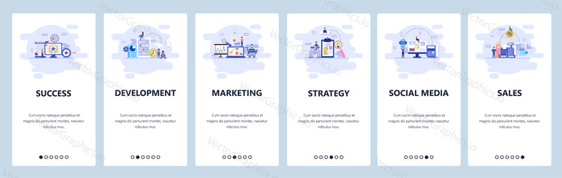 Mobile app onboarding screens. Business strategy, social media, online shopping and sales, digital marketing. Menu vector banner template for website and mobile development. Web site illustration.