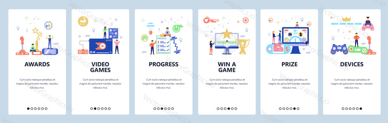 Online gaming web site and mobile app onboarding screens. Menu banner vector template for website and application development. Flat style design.