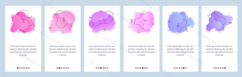 Website and mobile app onboarding screens. Menu banner vector template for web site and application development with trendy pink and violet gradient abstract dynamic fluid shapes.