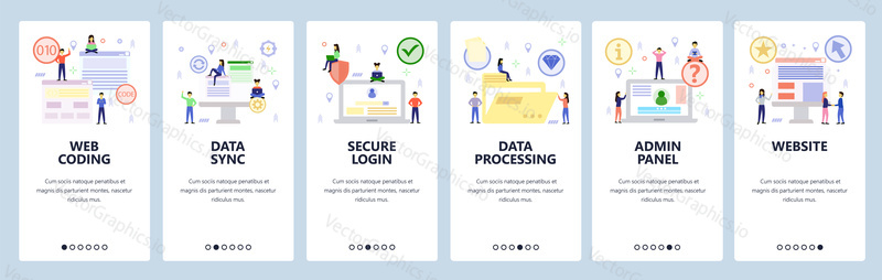 Mobile app onboarding screens. Web coding, cyber security, data sync and processing, admin panel login. Menu vector banner template for website and mobile development. Web site design flat illustration.