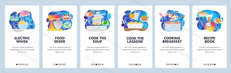 Mobile app onboarding screens. Cooking breakfast meal, food mixer, stove, recipe book, cook soup. Menu vector banner template for website and mobile development. Web site design flat illustration.