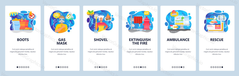 Mobile app onboarding screens. Fire figthing pipe and hydrant, protective wear, ambulance and rescue signal. Menu vector banner template for website and mobile development. Web site design flat illustration.
