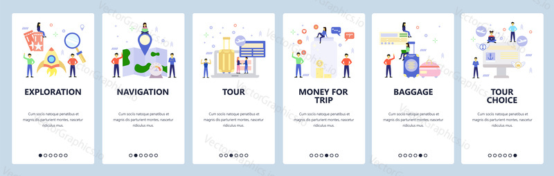 Mobile app onboarding screens. Vacation and air travel icons, book tour package, map, baggage. Menu vector banner template for website and mobile development. Web site design flat illustration.