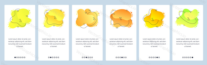 Website and mobile app onboarding screens. Menu banner vector template for web site and application development with trendy yellow gradient abstract dynamic fluid shapes.