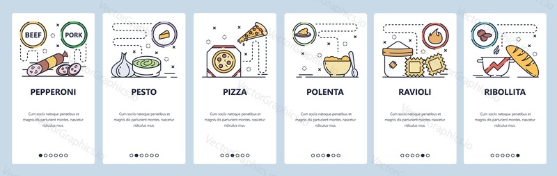 Mobile app onboarding screens. Italian food, salami, pesto sauce, pizza and raviolli. Menu vector banner template for website and mobile development. Web site design flat illustration.