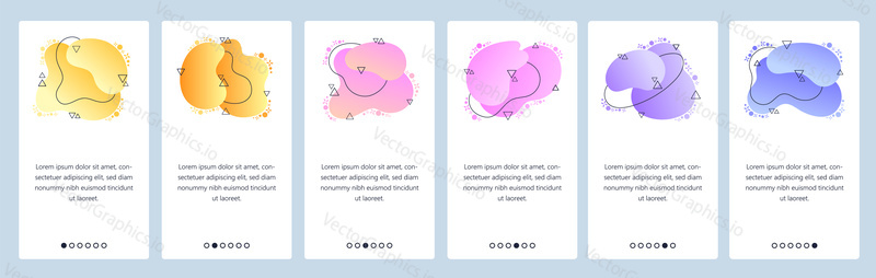 Website and mobile app onboarding screens. Menu banner vector template for web site and application development with trendy yellow, pink, violet gradient abstract dynamic fluid shapes.