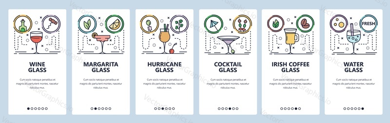 Mobile app onboarding screens. Different drink glasses for wine, cocktail, coffee, water. Menu vector banner template for website and mobile development. Web site design flat illustration.