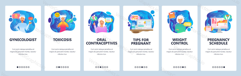 Mobile app onboarding screens. Gynecologist doctor, pregnancy, oral contraceptives. Menu vector banner template for website and mobile development. Web site design flat illustration.
