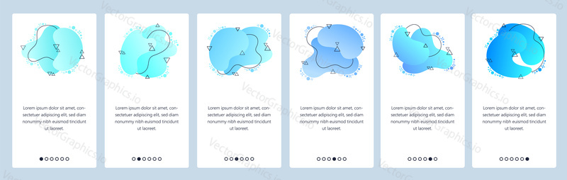 Website and mobile app onboarding screens. Menu banner vector template for web site and application development with trendy blue gradient abstract dynamic fluid shapes.