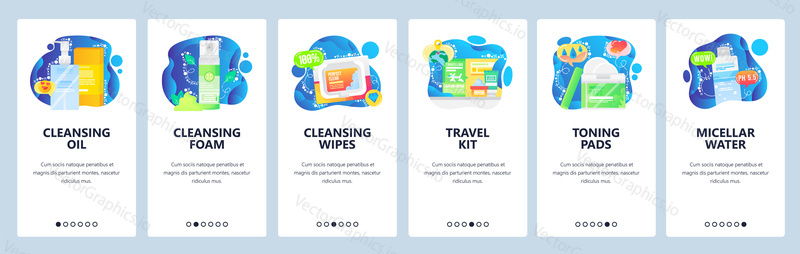 Skincare products web site and mobile app onboarding screens. Menu banner vector template for website and application development with blue fluid shapes. Facial cleansers, cleansing wipes, travel kit.