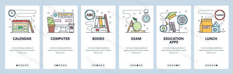 Education web site and mobile app onboarding screens. Menu banner vector template for website and application development. Thin line art flat style.