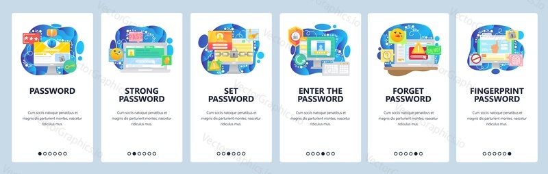 Mobile app onboarding screens. Password protection, computer cyber security, secure access, fingerprint technology. Menu vector banner template for website and mobile development. Web site design flat illustration.