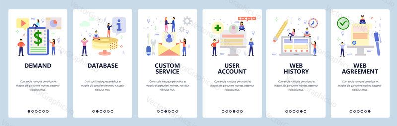 Mobile app onboarding screens. Business contract, database, user profile account, web history. Menu vector banner template for website and mobile development. Web site design flat illustration.