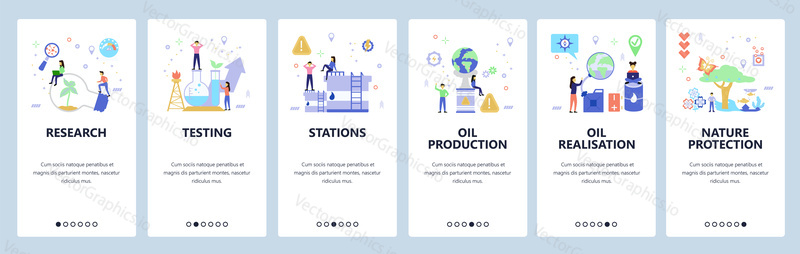 Oil industry web site and mobile app onboarding screens. Menu banner vector template for website and application development. Flat style design.