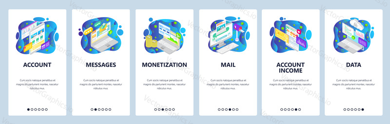 Onboarding for web site and mobile app. Menu banner vector template for website and application development with blue abstract shapes. Account Messages Monetization, Mail, Account income, Data screens