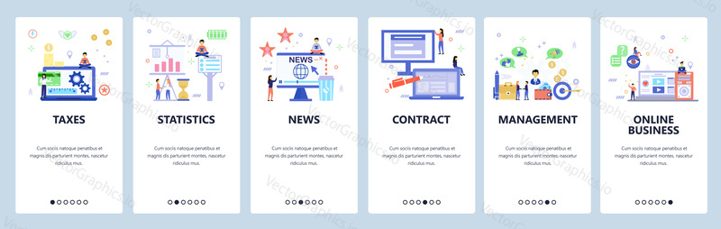 Online business web site and mobile app onboarding screens. Menu banner vector template for website and application development. Taxes, statistics, news etc. Flat style design.