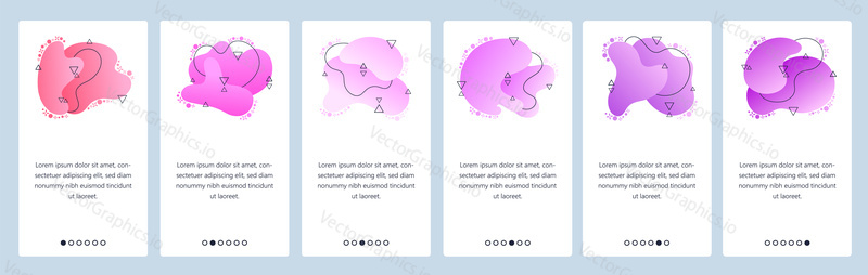 Website and mobile app onboarding screens. Menu banner vector template for web site and application development with trendy pink and purple gradient abstract dynamic fluid shapes.