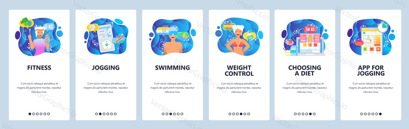 Mobile app onboarding screens. Fitness, music for jogging, diet and weight control, healthy lifestyle. Menu vector banner template for website and mobile development. Web site design flat illustration.