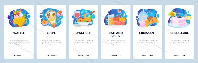 Mobile app onboarding screens. Breakfast and sweet food, waffle, crepe, fish and chips, cheesecake. Menu vector banner template for website and mobile development. Web site design flat illustration