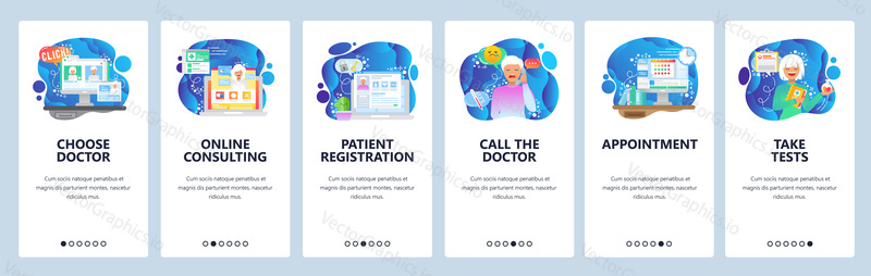 Mobile app onboarding screens. Online medical consulting, chat with doctor, sick patient. Menu vector banner template for website and mobile development. Web site design flat illustration.