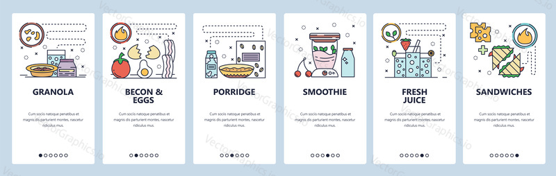 Mobile app onboarding screens. Morning breakfast and fast food, becon with eggs, porrige, smoothie and juice drink. Menu vector banner template for website and mobile development. Web site design flat illustration.