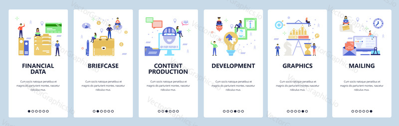 Onboarding for web site, mobile app. Menu banner vector template for website and application development. Content production, Development, Graphics Mailing other walkthrough screens. Flat style design