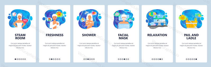 Mobile app onboarding screens. Steam sauna, shower, facial mask, relax and zen. Menu vector banner template for website and mobile development. Web site design flat illustration.