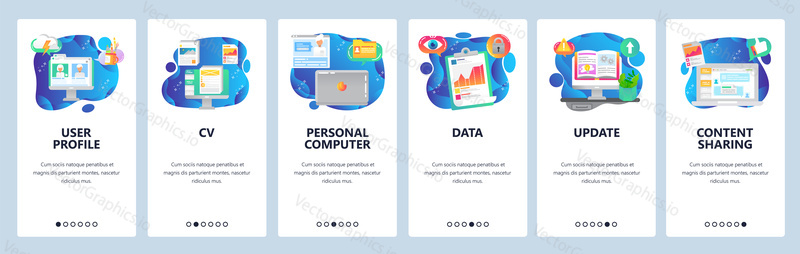 Mobile app onboarding screens. User profile, financial charts and data, online chat. Menu vector banner template for website and mobile development. Web site design flat illustration.
