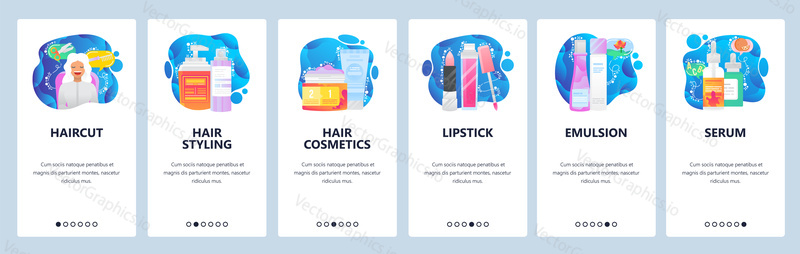 Cosmetics web site and mobile app onboarding screens. Menu banner vector template for website and application development with blue fluid shapes. Lipstick serum emulsion, hair cosmetics, haircut tools