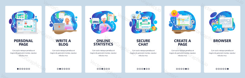 Mobile app onboarding screens. Write a blog and create personal site, secure chat, online statistics. Menu vector banner template for website and mobile development. Web site design flat illustration.