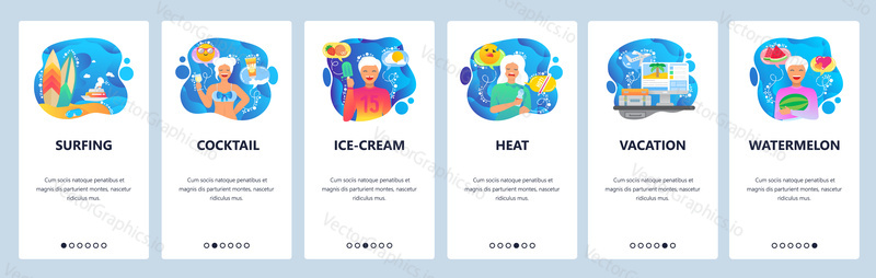 Mobile app onboarding screens. Tropical vacation, surfing and cocktail on a beach. Menu vector banner template for website and mobile development. Web site design flat illustration.