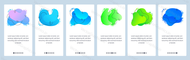 Website and mobile app onboarding screens. Menu banner vector template for web site and application development with trendy blue and green gradient abstract dynamic fluid shapes.