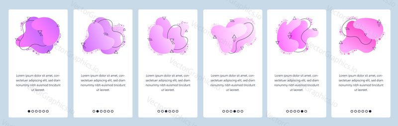 Website and mobile app onboarding screens. Menu banner vector template for web site and application development with trendy pink and purple gradient abstract dynamic fluid shapes.