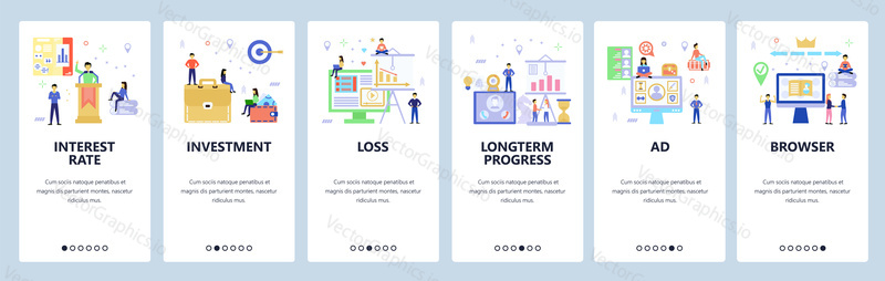 Onboarding for web site, mobile app. Menu banner vector template for website and application development. Interest rate, Investment, Loss, Long term progress, Ad, Browser screens. Flat style design.