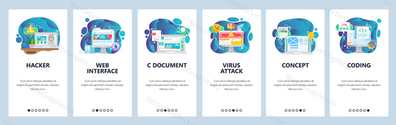 Mobile app onboarding screens. Web and software development. Cyber security, coding, virus attack. Menu vector banner template for website and mobile development. Web site design flat illustration.