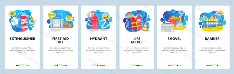 Mobile app onboarding screens. Fire fighting kit, alarm warning sign, water hydrant. Menu vector banner template for website and mobile development. Web site design flat illustration.