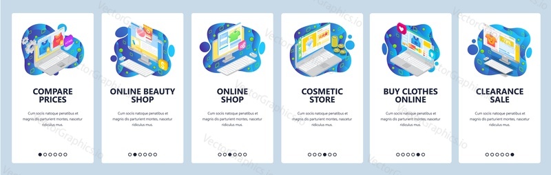 Mobile app onboarding screens. Online shopping and business isometric icons, online store, sale, price comparison. Menu vector banner template for website and mobile development. Web site design flat illustration.