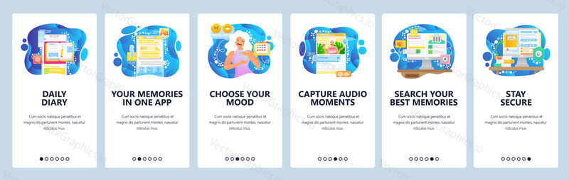 Personal organizer mobile app, note taking, record audio, task management, private memories. Mobile app onboarding screens. Vectortemplate for website mobile development. Web site design illustration.