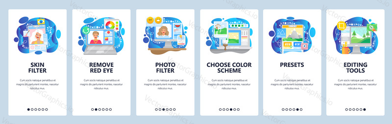 Photo editing and image retouching software application, photo filter. Mobile app onboarding screens. Menu vector banner template for website and mobile development. Web site design flat illustration.