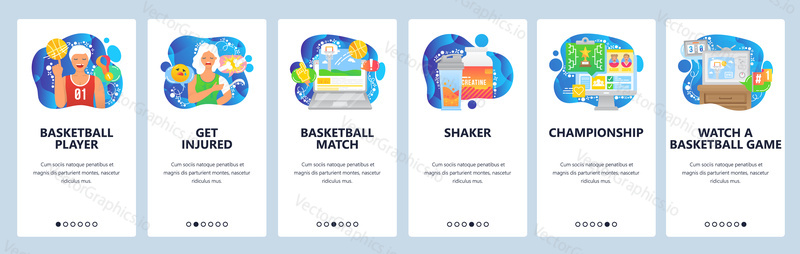 Basketball player, basketball game broadcast, creatine drink. Mobile app onboarding screens. Menu vector banner template for website and mobile development. Web site design illustration.