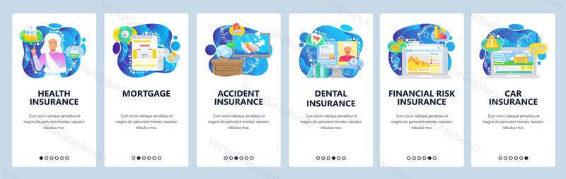 Health, car, travel, house insurance policy, finance and accident insurance. Mobile app onboarding screens. Menu vector banner template for website and mobile development. Web site design flat illustration.