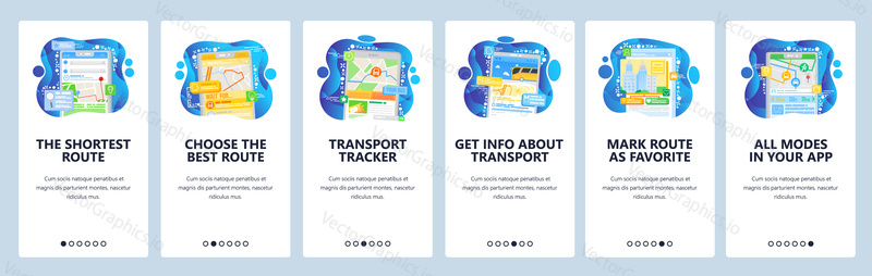 Public transport information and tracking. GPS navigation map with fastest route. Map in your phone. Mobile app screens. Vector banner template for website development. Web site design illustration.