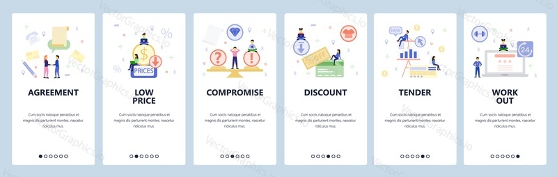 Mobile app onboarding screens. Business deal agreement, price discount, financial chart. Menu vector banner template for website and mobile development. Web site design flat illustration.