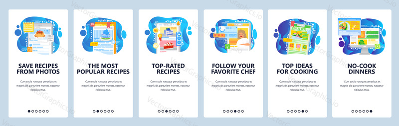 Food delivery and order meal online. Food cooking recipe. Mobile app onboarding screens. Menu vector banner template for website and mobile development. Web site design illustration.
