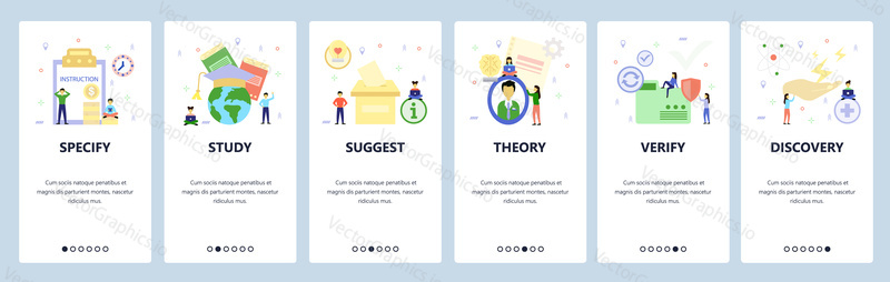 Mobile app onboarding screens. International education, voting, secure files, science discovery. Menu vector banner template for website and mobile development. Web site design flat illustration.