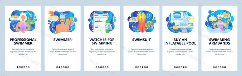 Professional swimmer athlete. Water sport, swim, swimming pool, heartrate and time tracker. Mobile app onboarding screens. Vector template for website mobile development. Web site design illustration.