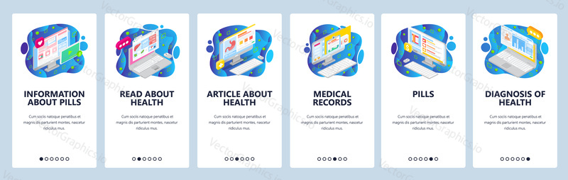Mobile app onboarding screens. Health information and patient medical records, drugs and online pharmacy. Menu vector banner template for website and mobile development. Web site design flat illustration.