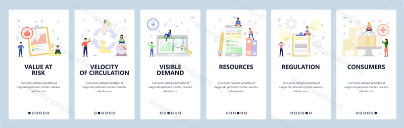 Mobile app onboarding screens. Shopping bags, business and risk management, money investment. Menu vector banner template for website and mobile development. Web site design flat illustration.