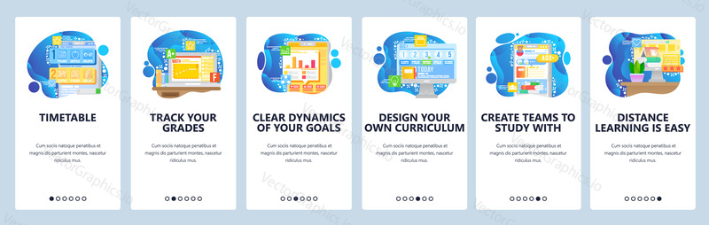 School class schedule app. Timetable, student community, grade chart, education. Mobile app onboarding screens. Vector banner template for website and mobile development. Web site design illustration.